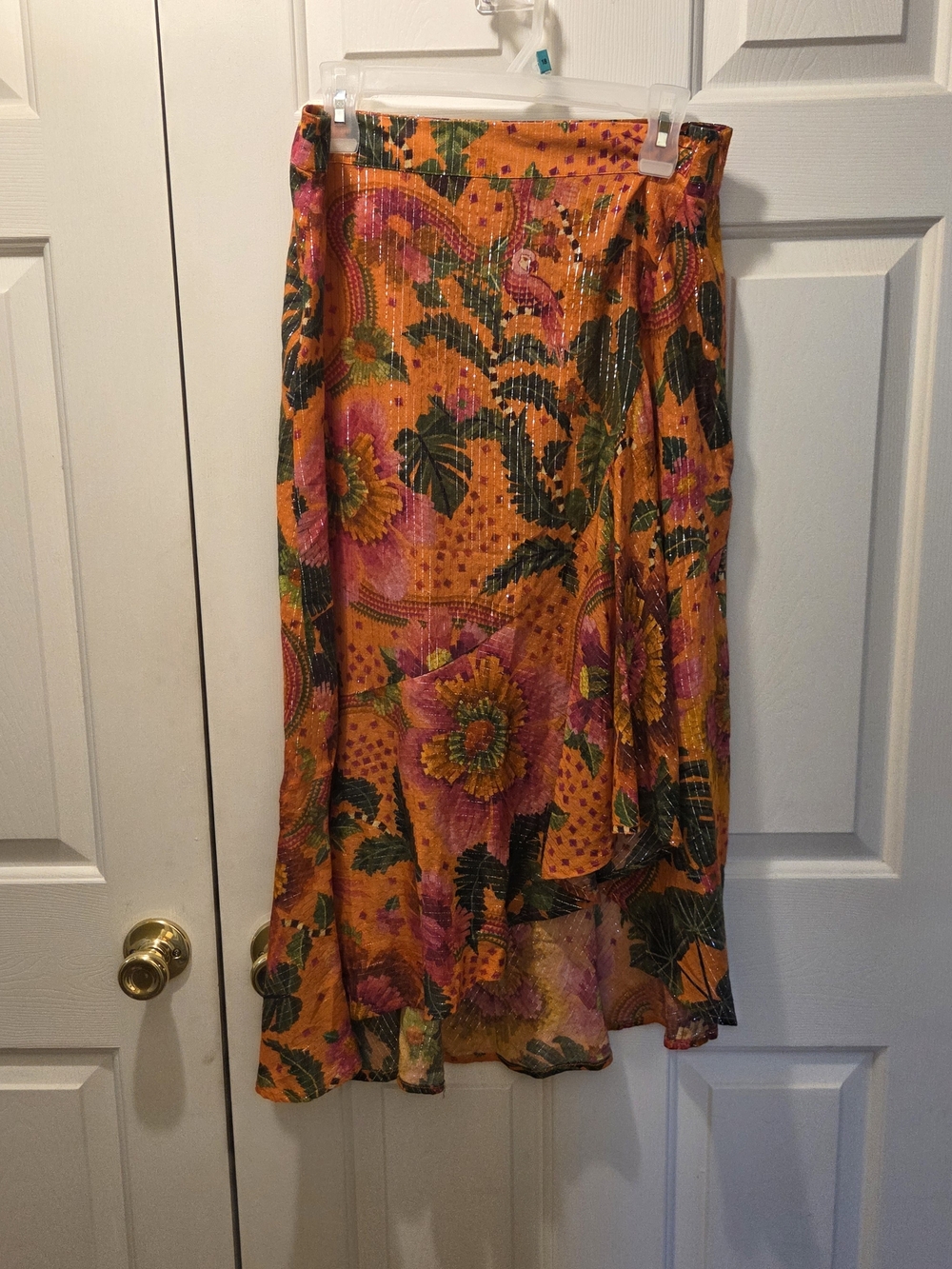En Creme Orange Midi Skirt with Pink Floral Print
